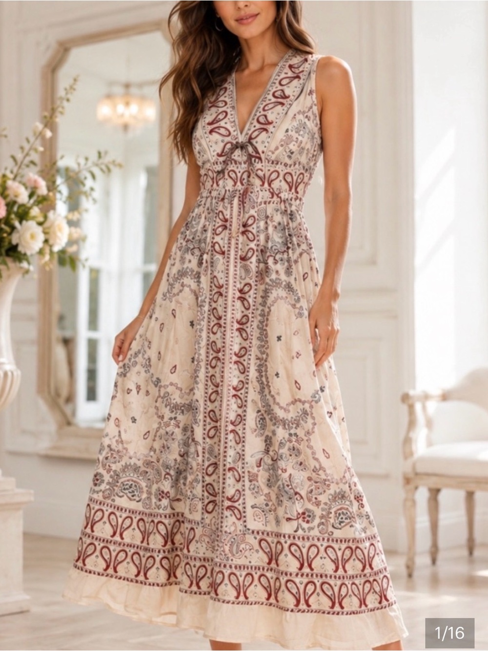 Christian Lacroix Cream Maxi Dress with Burgundy and Gray Paisley Print